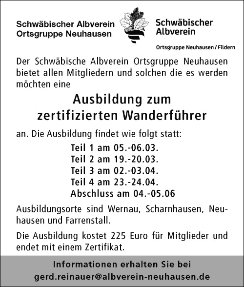 Terminplan Wanderführerlehrgang 2016